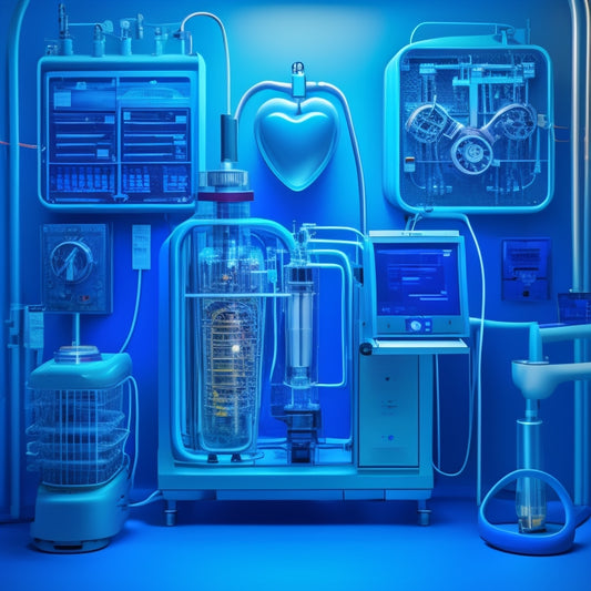 A stylized illustration of a human heart surrounded by various medical equipment, including a perfusion machine, oxygenators, and tubing, set against a dark blue background with subtle grid lines.