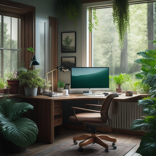 A serene home office setup with a wooden desk, ergonomic chair, and a large monitor, surrounded by lush green plants, with a subtle natural light pouring in through a blurred window.