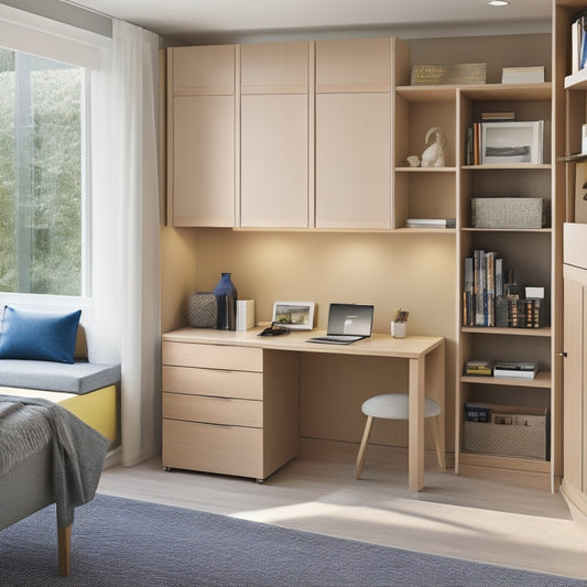 An organized room with a Murphy bed, built-in shelves, and a compact desk, surrounded by a minimalist color palette and abundant natural light, showcasing optimal storage efficiency.