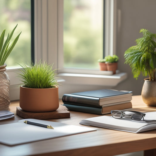 A tidy, minimalist desk with a few sheets of printed organizers, a colorful pen, and a small potted plant, surrounded by subtle hints of a clutter-free home in the background.