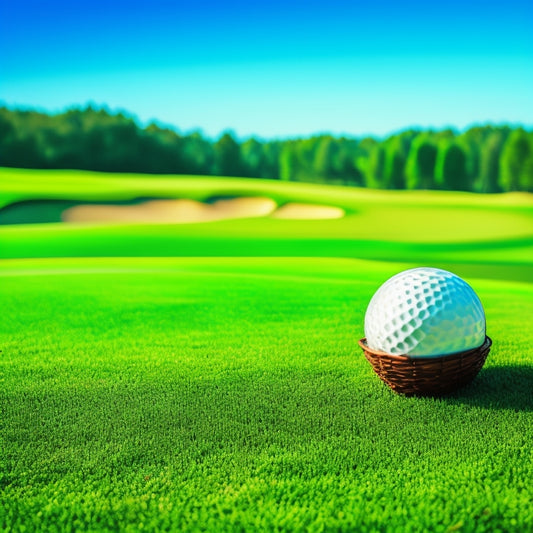 A serene golf course landscape with a HANABASS Golf Ball Basket prominently displayed in the foreground, filled with six golf balls, surrounded by lush green grass and a few golf tees.