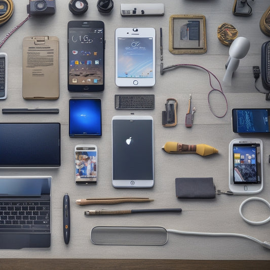 A cluttered desktop with scattered icons, tangled cords, and a cracked smartphone screen in the center, surrounded by a halo of organized digital tools, such as a tidy laptop, a tablet, and a minimalist smartphone.