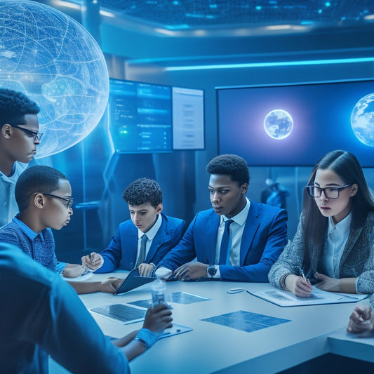 A futuristic classroom with holographic screens, virtual reality headsets, and tablets, surrounded by diverse students collaborating and interacting with a vast, glowing neural network in the background.