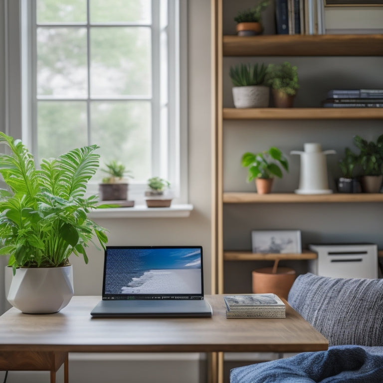 A serene, minimalist living room with a tidy bookshelf, a few potted plants, and a laptop on a clutter-free desk, surrounded by a blurred, messy background.