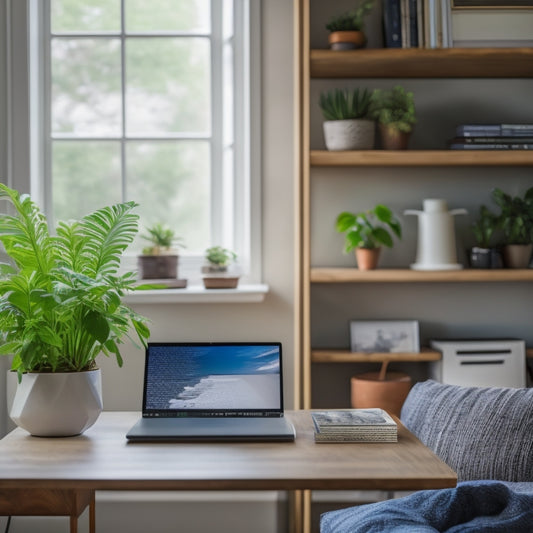 A serene, minimalist living room with a tidy bookshelf, a few potted plants, and a laptop on a clutter-free desk, surrounded by a blurred, messy background.