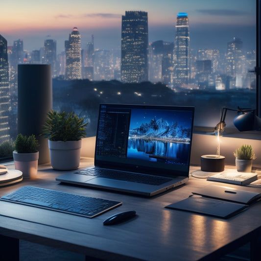 A minimalist workspace with a sleek laptop, a single folder with neatly organized documents, and a few scattered tech gadgets, set against a blurred cityscape background at dusk.