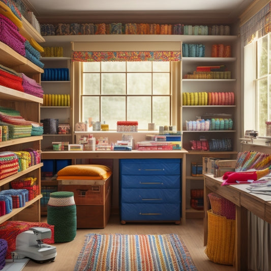 A tidy sewing room with a wooden worktable, surrounded by clear acrylic boxes of varying sizes, filled with neatly folded and categorized fabrics in a rainbow of colors and patterns.