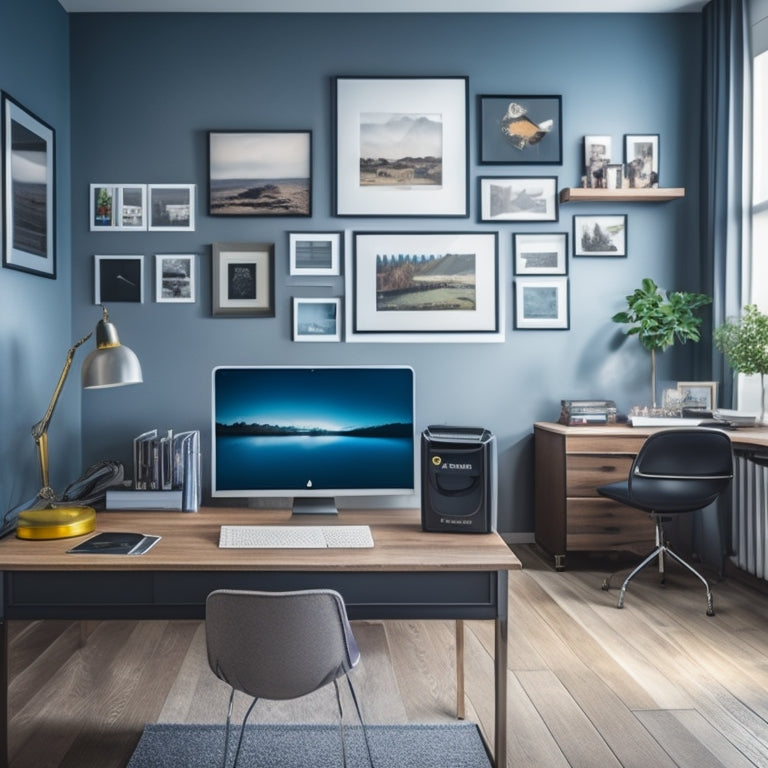 A modern home office with a sleek desk, a laptop, and a few scattered papers, surrounded by various digital storage devices such as an external hard drive, a cloud storage hub, and a NAS system.