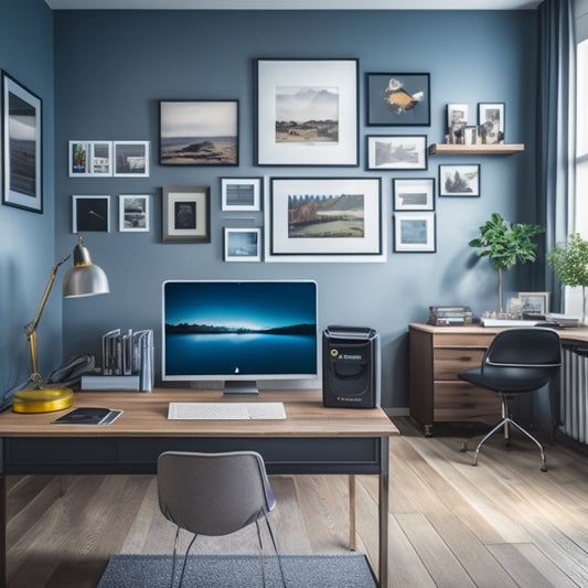 A modern home office with a sleek desk, a laptop, and a few scattered papers, surrounded by various digital storage devices such as an external hard drive, a cloud storage hub, and a NAS system.