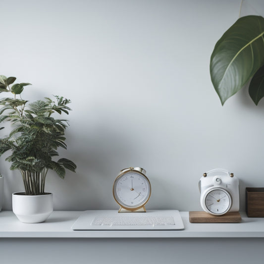 A serene, minimalist desktop with a few, carefully arranged icons and a blurred, natural background, featuring a few subtle, calming elements like a small potted plant or a minimalist clock.