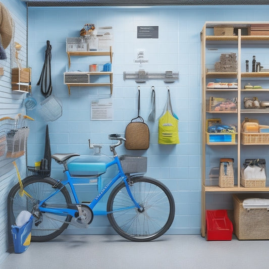 A well-organized garage with a mix of open and closed storage, featuring a pegboard with hooks, bins, and baskets, alongside freestanding shelving units with labeled containers and a bike hanging from the ceiling.