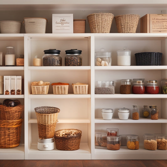 A tidy pantry with labeled jars, baskets, and shelves, alongside a tablet displaying a digital inventory app, a smart label maker, and a minimalist background with subtle kitchen utensils.
