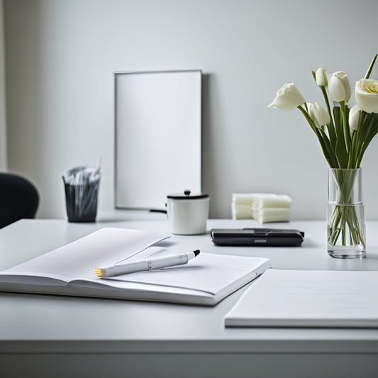 A tidy, minimalist desk with a crisp, white notepad and a sleek, silver pen, surrounded by organized cleaning supplies and a few, strategically-placed flowers in a small vase.