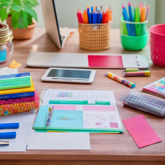 A beautifully organized desk with a half-opened laptop, surrounded by colorful pens, stickers, and washi tapes, featuring a custom-made planner with removable tabs and inserts in the center.