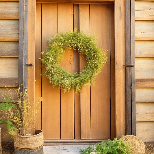 A rustic, wooden farmhouse door with a wreath made of fresh greenery and wildflowers, adorned with a distressed metal lantern and a few scattered hay straws, set against a soft, sunny background.
