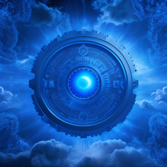 A futuristic, dark blue background with a stylized, glowing Azure logo at the center, surrounded by swirling clouds and orbiting gears, with a subtle grid pattern in the background.