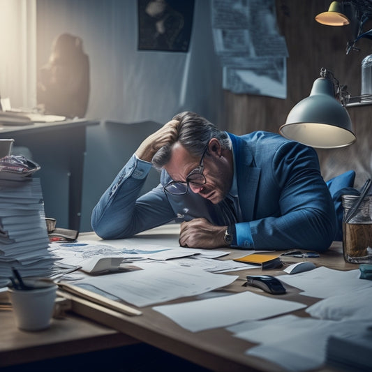 A frustrated person slumped over a cluttered desk, surrounded by crumpled papers and empty coffee cups, with a computer screen displaying a maze of error messages and a broken uninstall icon.