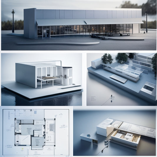 A modern, sleek steel plan center with a minimalist design, surrounded by rolled up blueprints, architectural models, and scattered design tools, set against a clean, white background with subtle lighting.