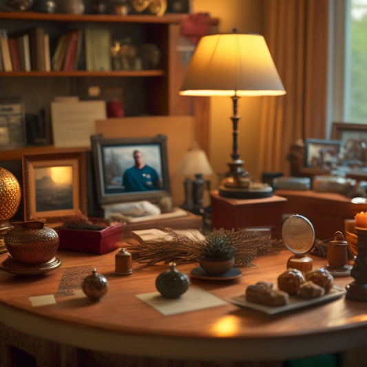 A warm-lit, organized room with a few carefully selected sentimental items displayed, surrounded by empty space, with a gentle, concerned expert in the background, hands clasped together.