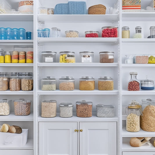 A bright, modern kitchen pantry with sleek white shelves, featuring a variety of clear glass jars and baskets, each adorned with colorful, custom-designed labels and tags in a mix of fonts and shapes.