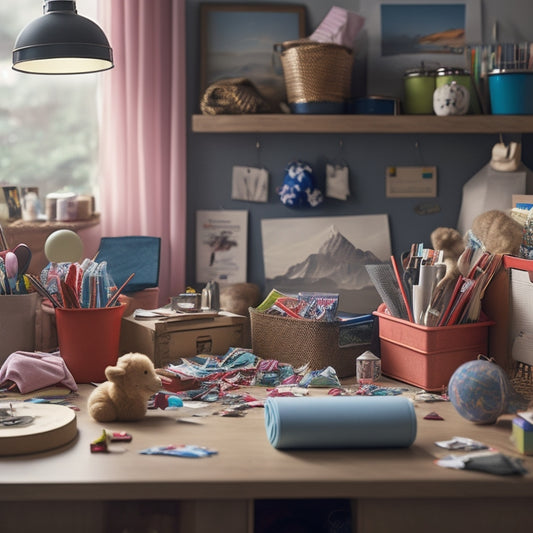 A cluttered room with scattered papers, toys, and clothes, transformed into a tidy space with labeled bins, a organized desk, and a few carefully placed focus-enhancing plants.
