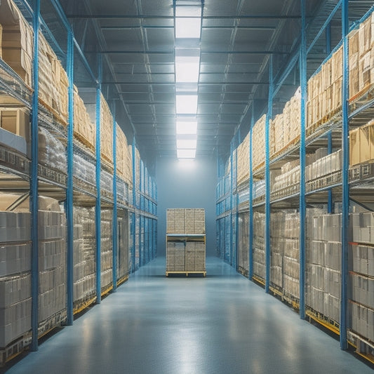 A modern warehouse interior with rows of tall, sleek shelving units, illuminated by soft, white LED lights, and filled with neatly organized crates and boxes of various sizes.