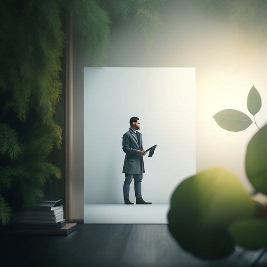 A minimalist illustration featuring a person surrounded by a subtle, glowing aura, with a faint lock icon above their head, amidst a blurred background of papers and files, with subtle hints of greenery.