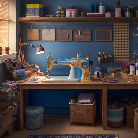 A tidy, well-lit sewing room with a pegboard adorned with colorful threads, scissors, and notions, surrounded by labeled bins, baskets, and a desk with a vintage sewing machine.