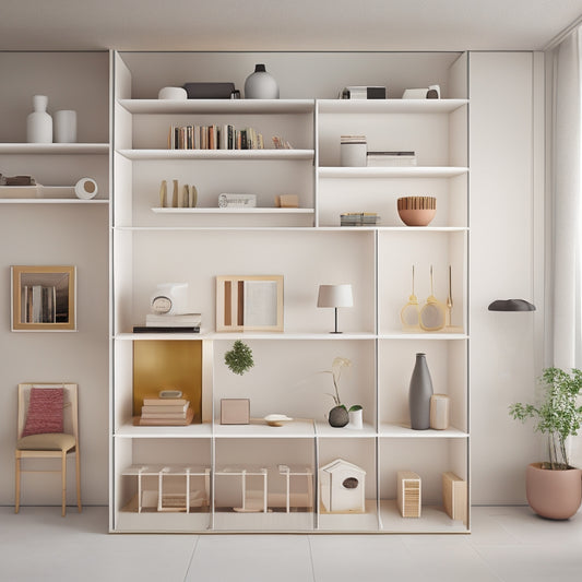 A stylized, minimalist illustration of a modern home with see-through walls, showcasing a variety of clever storage solutions: ottomans, hanging shelves, and hidden compartments in each room.