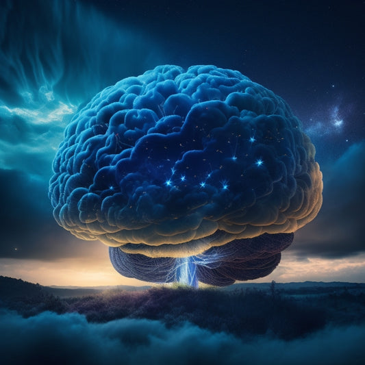 A futuristic, glowing brain surrounded by swirling clouds of 1s and 0s, with a delicate, intricate network of threads and connections forming a mind map, set against a dark, starry night sky.
