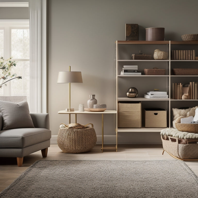 A serene, well-lit living room with a minimalist aesthetic, featuring a sleek, low-profile storage ottoman, a tidy bookshelf with labeled baskets, and a few, carefully-placed decorative items.