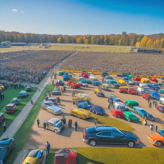 A crowded Lambeau Field parking lot filled with green and gold-clad fans, tailgating with grills, coolers, and Packers flags waving, under a sunny Wisconsin sky with a subtle hint of autumn foliage.