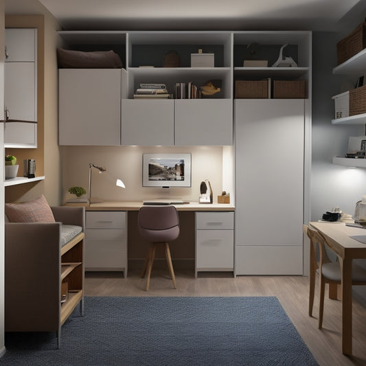 A brightly lit, minimalist room with a Murphy bed, a compact desk, and a shelving unit with baskets and bins, showcasing a clutter-free and organized small space.