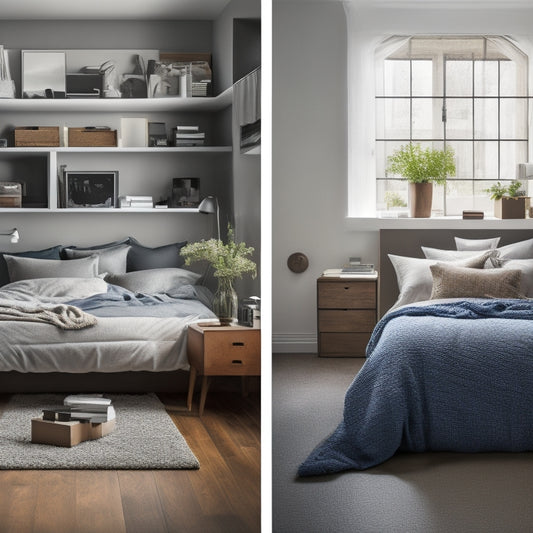A cluttered small bedroom with clothes strewn about, then a split-screen transformation to a tidy space with a laptop open to a cloud storage website, and a minimalist bed with a few, neatly stacked boxes.