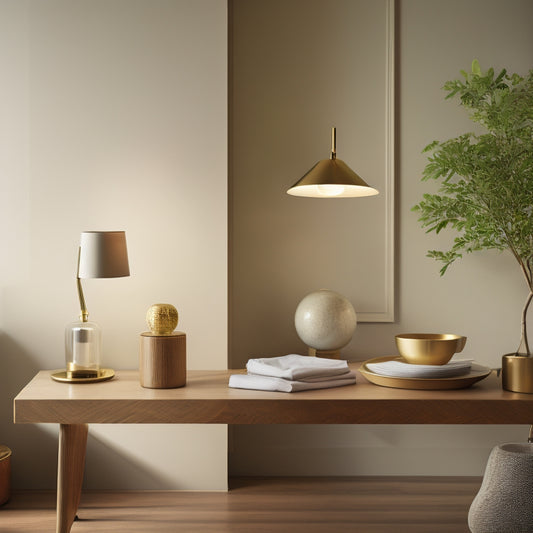 A serene, misty atmosphere with a subtle golden glow, featuring a minimalist, modern interior with a few strategically placed Feng Shui symbols, and a gentle, curved wooden desk in the center.