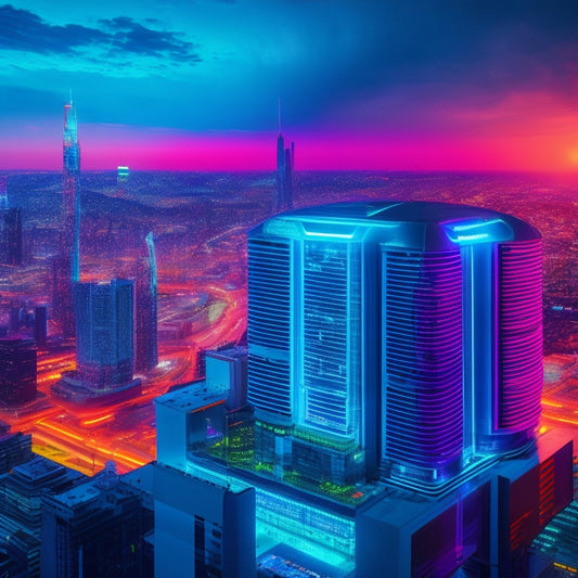 A stylized, futuristic cityscape at dusk with sleek skyscrapers and neon lights, featuring a large, glowing Lenovo ThinkSystem DM Series server at the center, surrounded by orbiting data streams and abstract digital patterns.