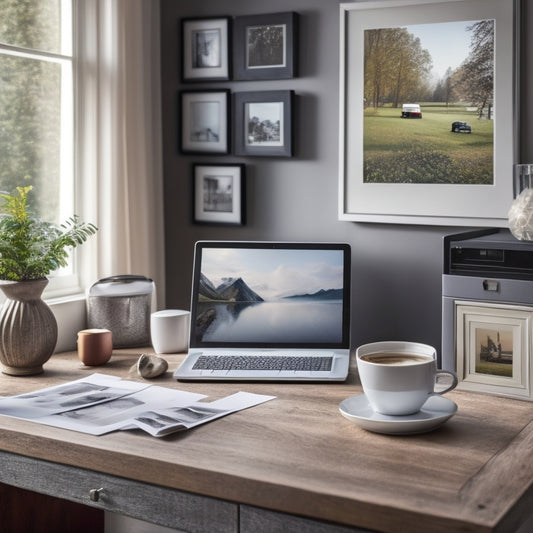 A serene home office scene with a sleek printer, surrounded by framed photos of joyful family moments, a few scattered on a wooden desk, and a cup of steaming coffee in the corner.