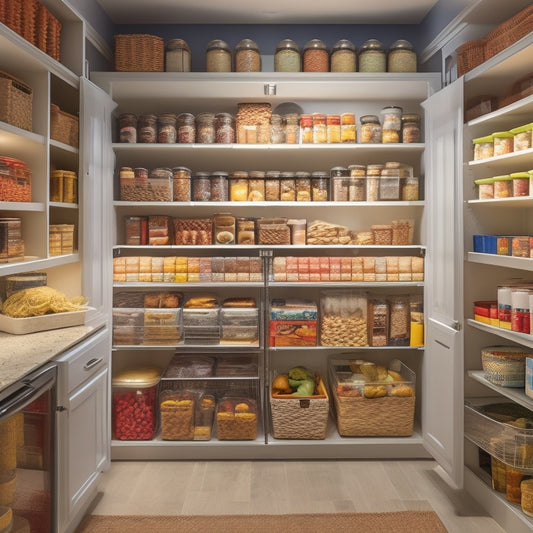 A serene, organized pantry with shelves stocked with varied food storage containers, baskets, and bins, surrounded by a few strategically placed flashlights and a first-aid kit.