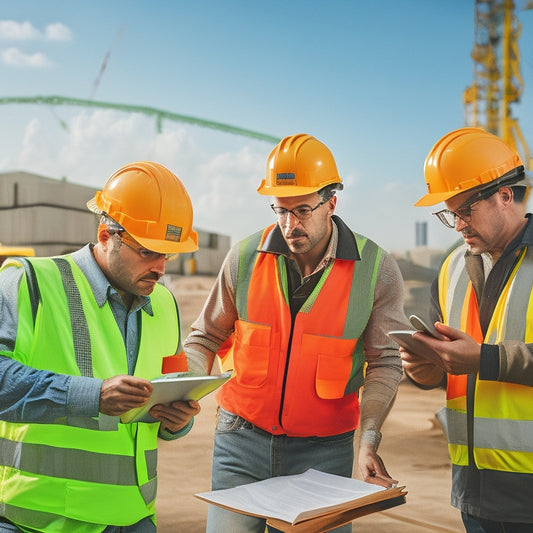 A large, modern construction site with various workers in the background, focusing on a central figure in a yellow hard hat and orange vest, holding a tablet and looking at a blueprint.