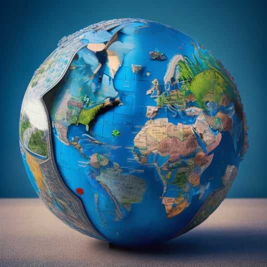 A globe with puzzle pieces of different shapes and sizes, each representing a country, fitting together to form a cohesive whole, with gears and circuits subtly integrated into the design.