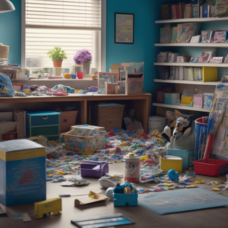 A colorful, cluttered room with toys, books, and papers scattered everywhere, contrasted with a calm, organized space in the background featuring labeled bins, a whiteboard, and a tidy desk.