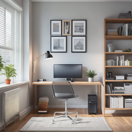 A tidy, minimalist home office with a desk, chair, and a few organized shelves, featuring a laptop with a clutter-free desktop and a few open tabs, surrounded by a few neatly labeled folders and a small, modern clock.