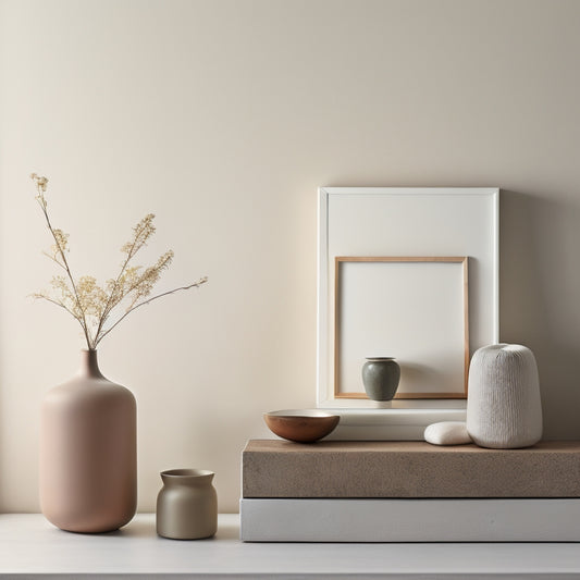 A serene, minimalist room with a few, carefully curated objects on a shelf, surrounded by ample negative space, soft natural light, and a subtle, calming color palette.