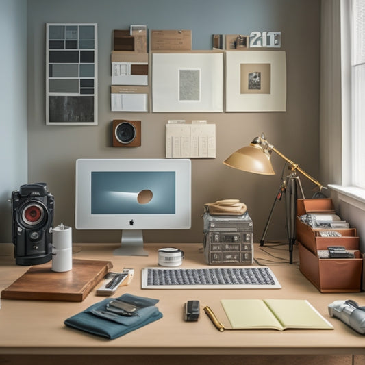 A tidy photography studio with a labeled desk, organized camera gear, and a calendar on the wall, surrounded by neatly arranged folders and a minimalist color scheme of whites, grays, and wood tones.