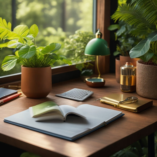 A serene, minimalist workspace with a tidy desk, a single, leather-bound planner, and a few, carefully arranged, colorful pens, surrounded by lush greenery and soft, natural light.