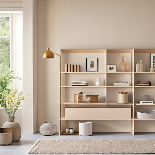 A serene, minimalist living room with a sleek, wall-mounted shelving unit, holding a few, carefully placed decorative objects, and a few closed, labeled storage bins, amidst a predominantly white and beige color scheme.