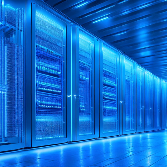 A futuristic, high-tech data center with rows of sleek, silver servers and glowing blue LED lights, surrounded by certified HPE storage solutions with golden badges and ribbons.