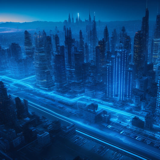 A futuristic, neon-lit cityscape at dusk with a giant, glowing blue circuit board pattern overlay, surrounded byfloating 3D locks, gears, and robotic limbs, amidst a subtle matrix of ones and zeros.