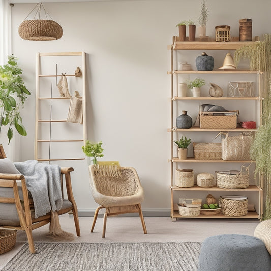 A clutter-free living room with a repurposed ladder shelving unit, woven baskets, and a pegboard with hanging items, surrounded by a few well-organized decorative pieces and plenty of negative space.