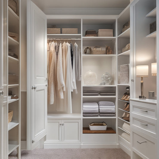 A beautifully organized walk-in closet with soft, warm lighting, featuring a custom system with sleek, white drawers, shelves, and rods, surrounded by calming beige walls and dark hardwood floors.